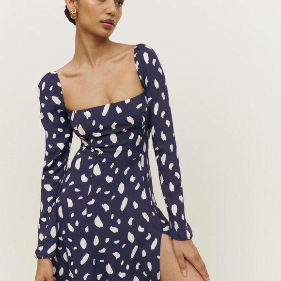 Reformation Sigmund Dress Splatter Blue White Dot Midi Slit (D8) - Picture 5 of 9